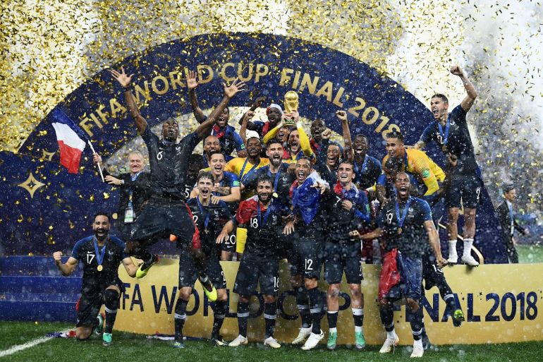MOSCOW, RUSSIA - JULY 15: The team of France celebrates with the World Cup trophy after the 2018 FIFA World Cup Final between France and Croatia at Luzhniki Stadium on July 15, 2018 in Moscow, Russia. (Photo by Matthias Hangst/Getty Images)