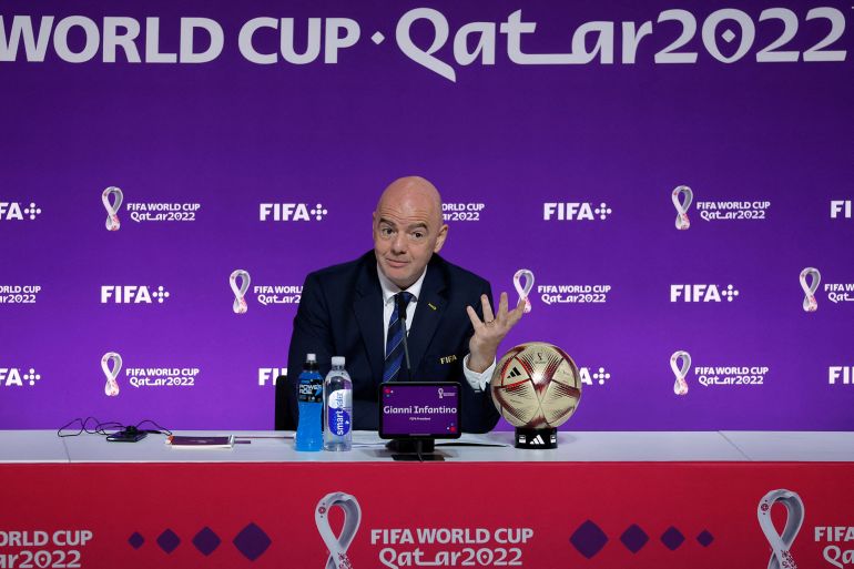 FIFA President Gianni Infantino gives a press conference Qatar National Convention Center (QNCC) in Doha on December 16, 2022, during the Qatar 2022 World Cup football tournament. (Photo by Odd ANDERSEN / AFP)