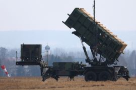 A U.S. Army MIM-104 Patriot system launcher is pictured at Rzeszow-Jasionka airport