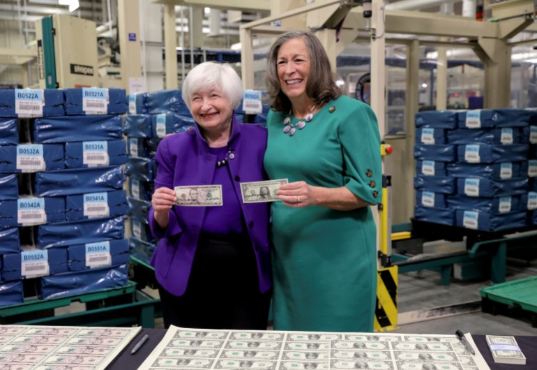 U.S. Treasury Secretary Yellen presides over the unveiling of the first U.S. banknotes printed with two women's signatures, in Fort Worth