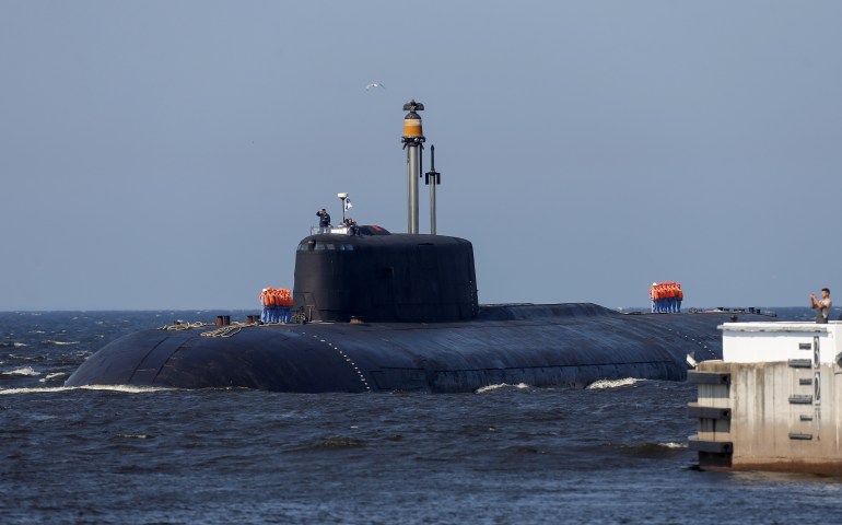 The nuclear-powered cruise missile submarine K-266 Orel arrives for the Navy Day parade in Kronstadt
