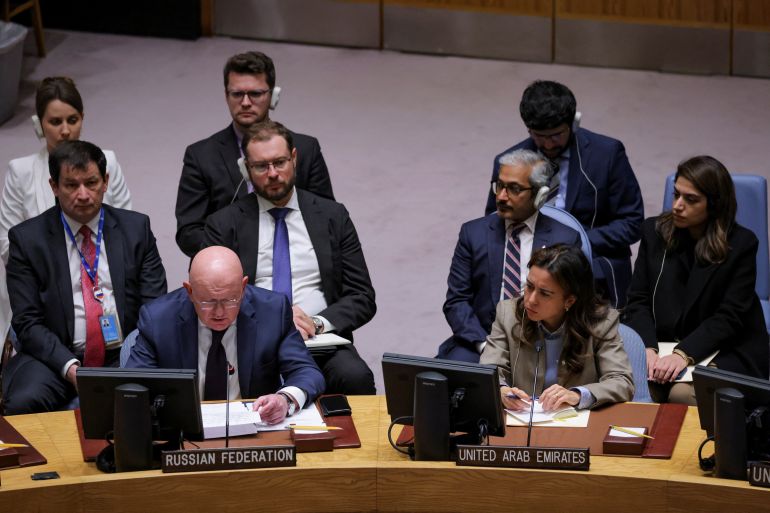Russian Ambassador to the United Nations Vasily Nebenzya speaks as members of the United Nations Security Council convene at the request of Russia to discuss damage to two Russian gas pipelines to Europe, in New York, U.S., September 30, 2022. REUTERS/Andrew Kelly
