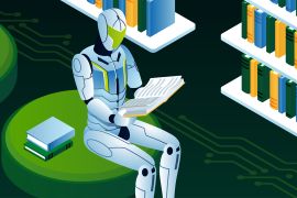 This colourful illustration shows a robot who is reading a book in a library, the robot is going through machine learning shutterstock_1578858817