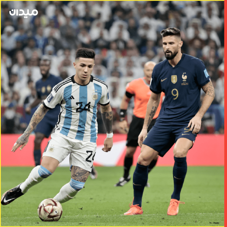 Argentina v France: Final - FIFA World Cup Qatar 2022- - LUSAIL CITY, QATAR - DECEMBER 18: Enzo Fernandez (24) of Argentina in action against Olivier Giroud (9) of France during the FIFA World Cup 2022 Final Match between Argentina and France at Lusail Stadium, in Lusail City, Qatar on December 18, 2022.