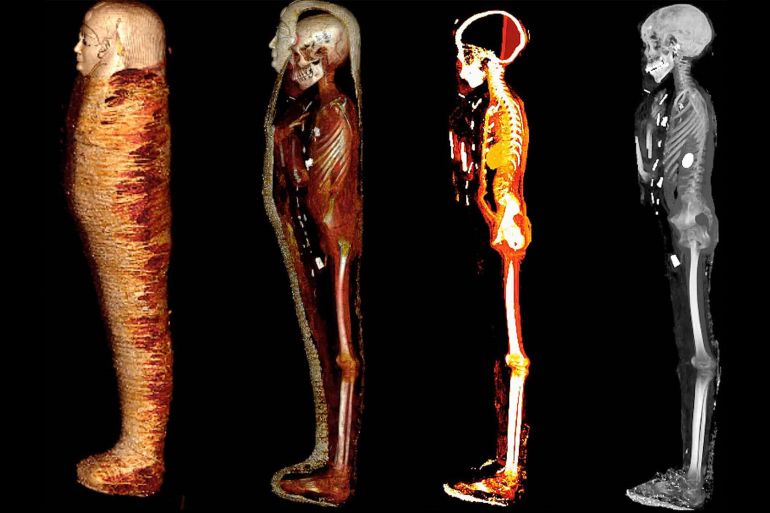 Figure 2. Digital unwrapping visualizations using computed tomography (CT) of the mummy TR 21/11/16/16 at the Cairo Egyptian Museum. A series of four three-dimensional (3D) CT images of the mummy in the left lateral position show the steps of the virtual peeling of the bandages from left to right: the outer surface of the wrapped mummy (far left); partial unwrapping reveals the mummy within the bandages; the totally unwrapped mummy is viewed with a CT window level that highlights the soft tissues and embalming materials; the totally unwrapped mummy is viewed with a CT window level that shows the skeleton and dense amulets related to the mummy (far right).