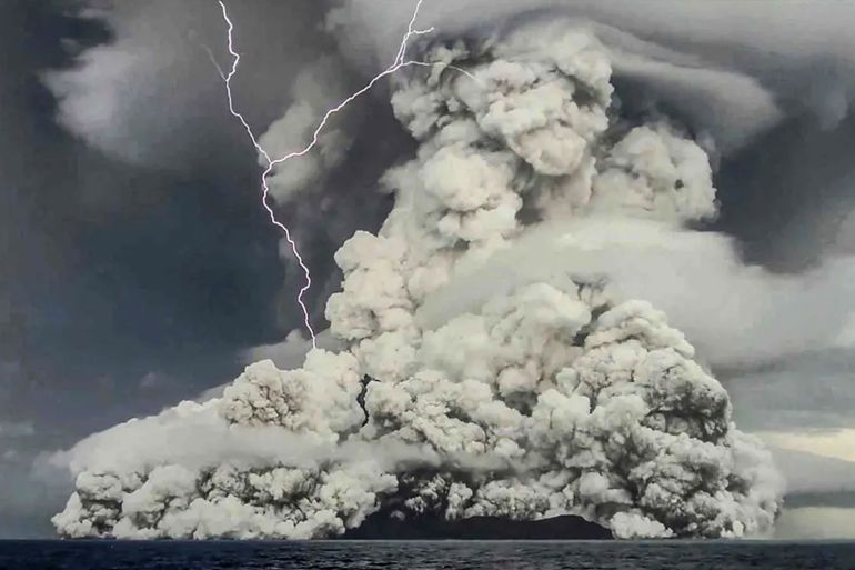 The Tonga eruption was big enough to produce its own lightning. Credit: Tonga Geological Services Tracking Water in the Tongan Volcano’s Massive Eruption Plume The recent eruption of Hunga Tonga–Hunga Ha‘apai volcano blasted sulfate aerosols and a record-breaking amount of water vapor into the stratosphere.