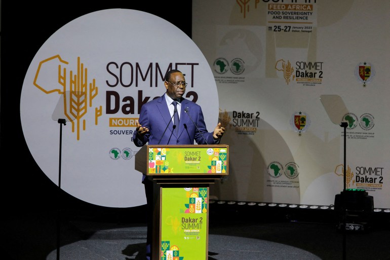 Senegal's President Macky Sall gives a speech at the Dakar summit under the theme "Feed Africa", which is hosted by the African Development Bank and the African Union Commission in Dakar, Senegal January 25, 2023. REUTERS/Ngouda Dione