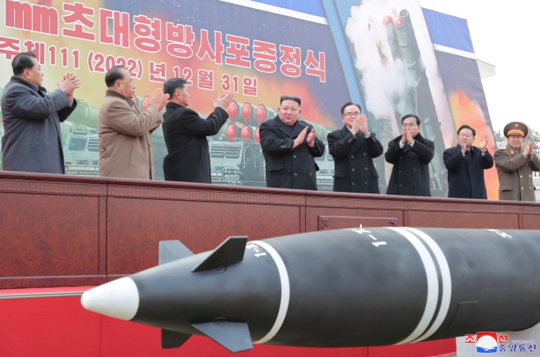 New super-large multiple rocker launchers presented before a plenary meeting of the ruling Workers' Party of Korea during a ceremony in Pyongyang