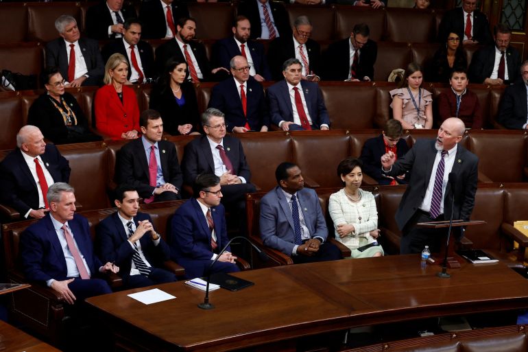 U.S. representatives and senators gather to vote for a new Speaker of the House on the first day of the 118th Congress at the U.S. Capitol in Washington