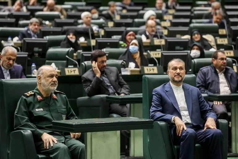 Islamic Revolutionary Guard Corps (IRGC) Commander-in-Chief Major General Hossein Salami and Iranian Foreign Minister Hossein Amir-Abdollahian attend a parliament meeting in Tehran