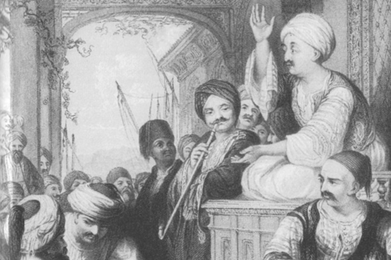 Man Telling a Story at a Hookah Cafe in Istanbul, Turkey - Ottoman Empire - stock illustration Man telling a story at a hookah cafe in Istanbul, Turkey. Vintage halftone etching circa late 19th century. gettyimages-969258642
