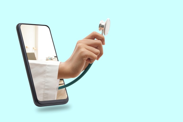 Black smartphone concept Connect to communication via online technology. The doctor can examine the patient via video call. Light green background. Clipping Path