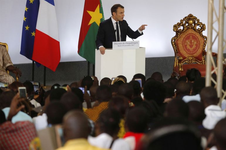 French President Emmanuel Macron delivers a speech at the Ouagadougou University, in Ouagadougou, Burkina Faso, November 28, 2017. REUTERS/Philippe Wojazer