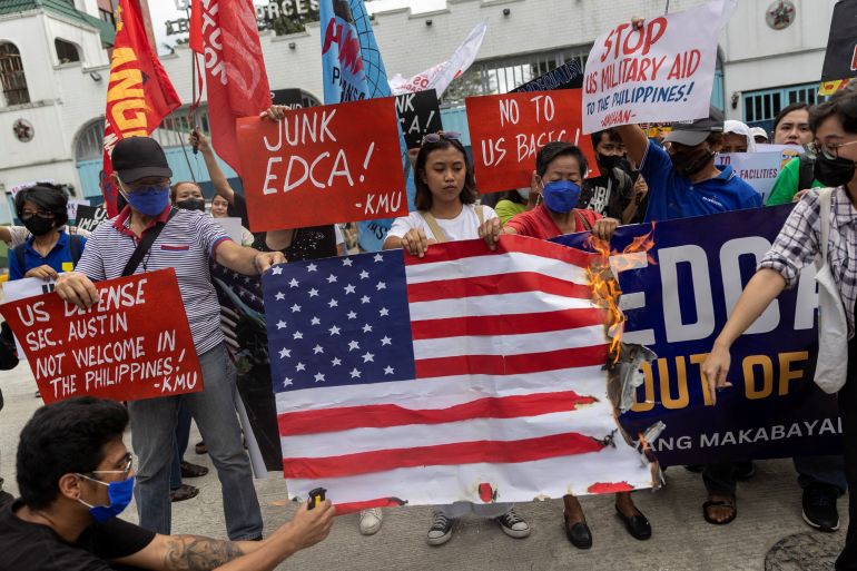 Filipino activists stage protest during U.S. Defense Secretary Lloyd Austin's visit in the Philippines