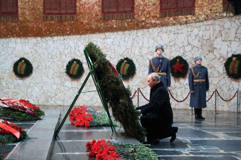 Russian President Vladimir Putin attends a wreath-laying ceremony during an event marking the 80th anniversary of the Battle of Stalingrad, in Volgograd