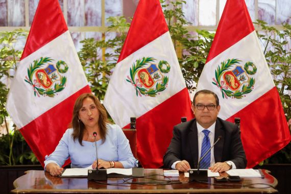 Peru's President Dina Boluarte and Prime Minister Alberto Otarola address the media, in Lima