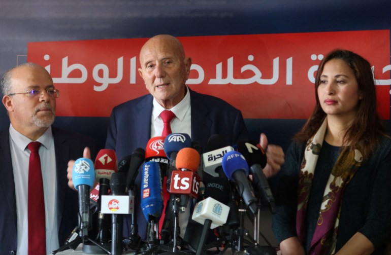 Ahmed Nejib Chebbi, head of the National Salvation Front, speaks during a news conference in Tunis