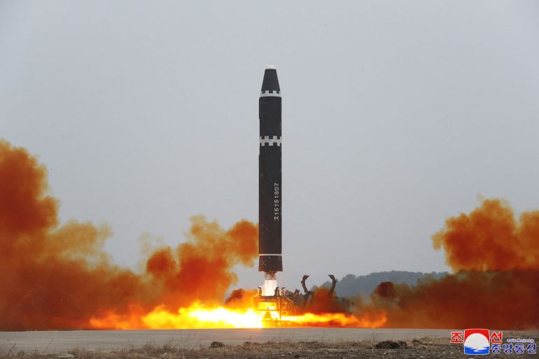 A Hwasong-15 intercontinental ballistic missile (ICBM) is launched at Pyongyang International Airport
