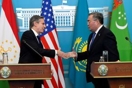 U.S. Secretary of State Blinken and Kazakh Foreign Minister Mukhtar Tleuberdi attend a news conference in Astana