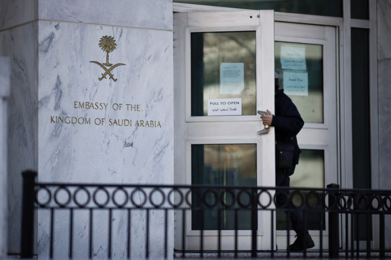 The embassy of Saudi Arabia is seen before the release of a CIA report on the death of journalist Jamal Khashoggi in Washington
