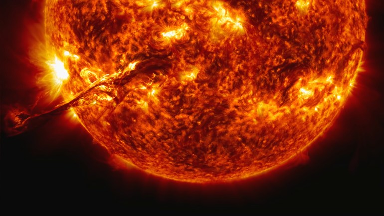 Solar activity. Flash on the Sun or Solar flare. 3d rendering. ...