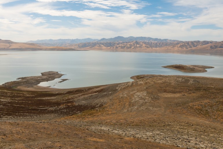 Low water level in San Luis Reservoir near Los Banos, California