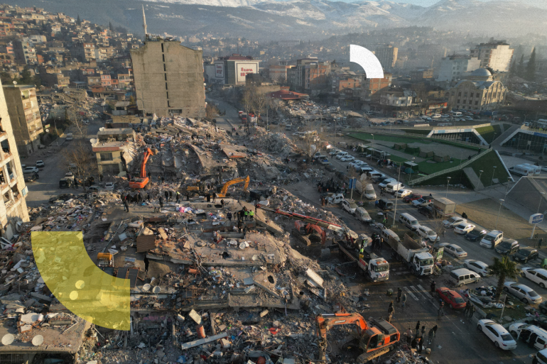 An aerial view shows collapsed buildings, in the aftermath of the deadly earthquake, in Kahramanmaras, Turkey, February 9, 2023. REUTERS/Stoyan Nenov