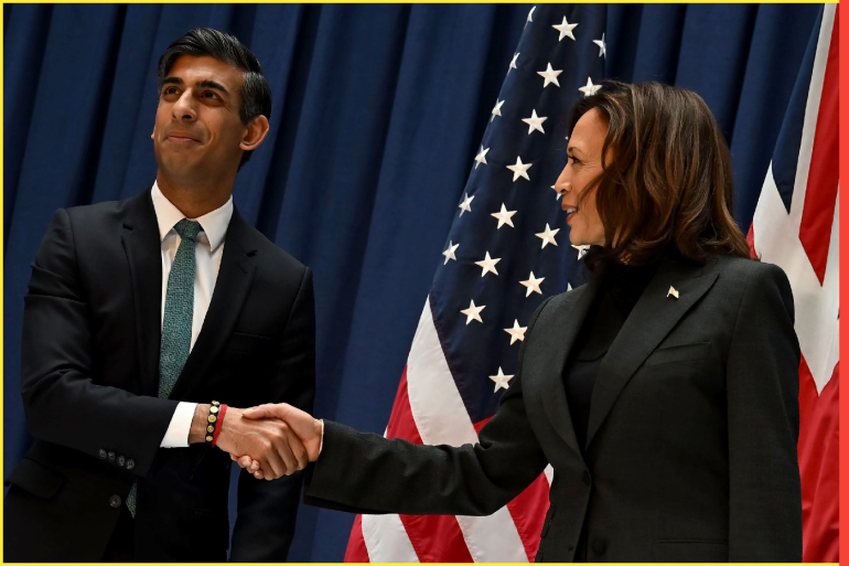 MUNICH, GERMANY - FEBRUARY 18: Britain's Prime Minister Rishi Sunak (L) shakes hands with US Vice President Kamala Harris as they meet at the 59th Munich Security Conference (MSC) on February 18, 2023 in Munich, southern Germany. The Munich Security Conference brings together defence leaders and stakeholders from around the world and is taking place February 17-19. Russia's ongoing war in Ukraine is dominating the agenda. (Photo by Ben Stansall-WPA Pool/Getty Images)