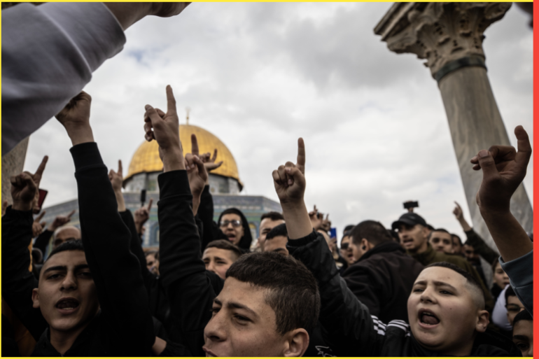Friday prayer at Al-Aqsa Mosque in Jerusalem- - JERUSALEM - FEBRUARY 24: Palestinians demonstrate in solidarity with Palestinians in Israeli jails as hundreds of Muslims arrive in Al-Aqsa Mosque for perform Friday prayer during the rain in Jerusalem on February 24, 2023.