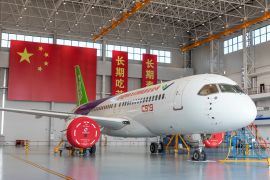 A COMAC C919 narrow-body airliner on display during the 2021 China Aviation Industry Conference And Nanchang Air Show on October 30, 2021 in Nanchang, China. LI TONG/VCG VIA GETTY IMAGES