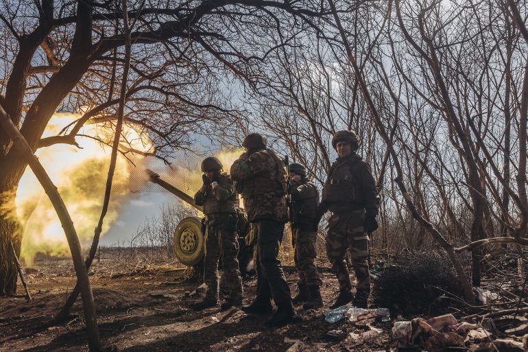 Ukrainian servicemen on the frontline in Bakhmut