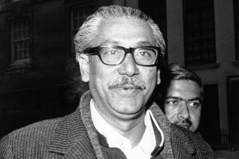Sheikh Mujibur Rahman, the ‘Father of Bangladesh’ who arrived suddenly at London’s Heathrow Airport after release by the West Pakistani government, seen arrived at Claridges Hotel in London, Jan. 8, 1972. It looks as though his journey was hade in a hurry, note absence of tie. Sheikh Mujib, whose Awani League won in overall majority in what was than East Pakistan in the December 1970 elections was put in prison after the Pakistan army’s crackdown on Bengali secessionists. (AP Photo)