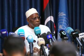 Abdoulaye Bathily, UN Special Representative for Libya and Head of the United Nations Support Mission in Libya (UNSMIL), gives a press conference in Tripoli on March 11, 2023. (Photo by Mahmud TURKIA / AFP)