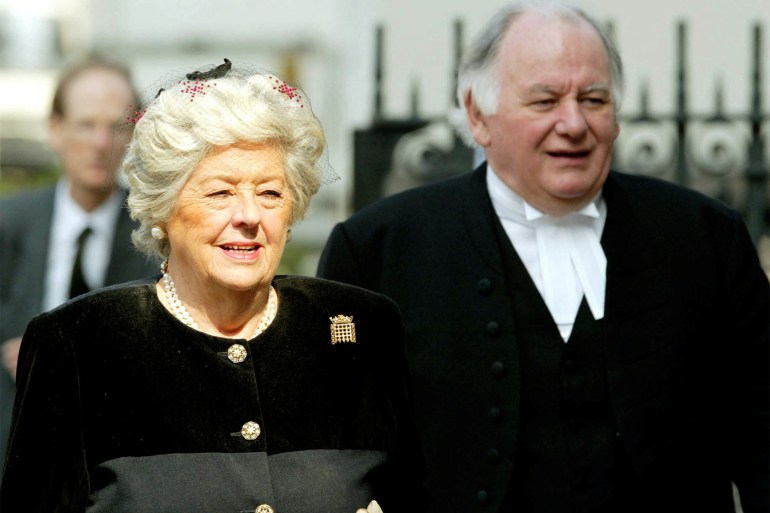 FILE PHOTO: Betty Boothroyd (L) and Michael Martin, respectively former and current Speakers of the House of Commons, arrive for a Service of Thanksgiving for [Lord Jenkins of Hillhead] at Westminster Abbey in London, March 27, 2003./File Photo