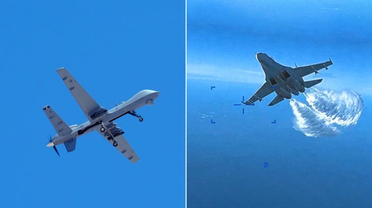 An MQ-9 Reaper remotely piloted drone and Russian Su-27