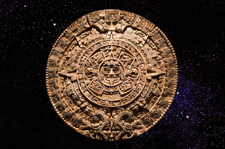 Close-up of stone carved Maya Calendar, Yucatan - stock photo