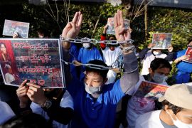 Protest marking the second anniversary of Myanmar's 2021 military coup outside Myanmar Embassy, in Tokyo