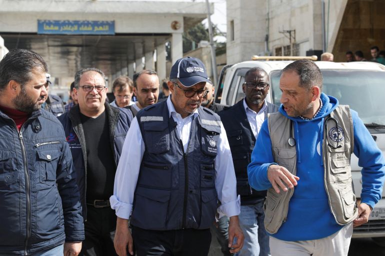 Director-General of the World Health Organization Tedros Adhanom Ghebreyesus visits a hospital in Bab al-Hawa crossing