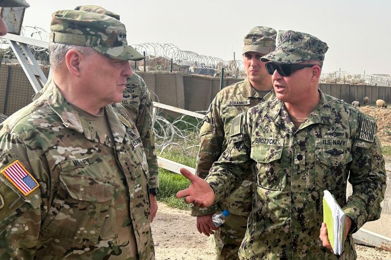 U.S. Joint Chiefs Chair Army General Mark Milley speaks with U.S. forces in Syria at a U.S. military base in Northeast Syria