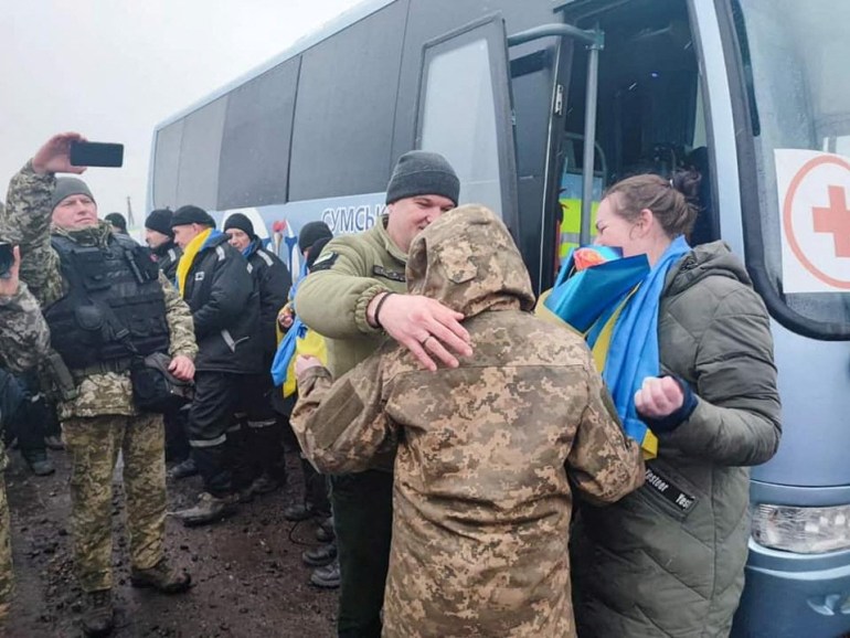 Ukrainian prisoners of war are seen after a swap in an unknown location in Ukraine