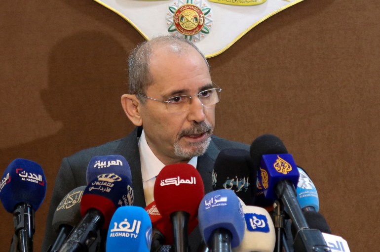 Jordan's Foreign Minister Ayman Safadi speaks during a news conference in Amman