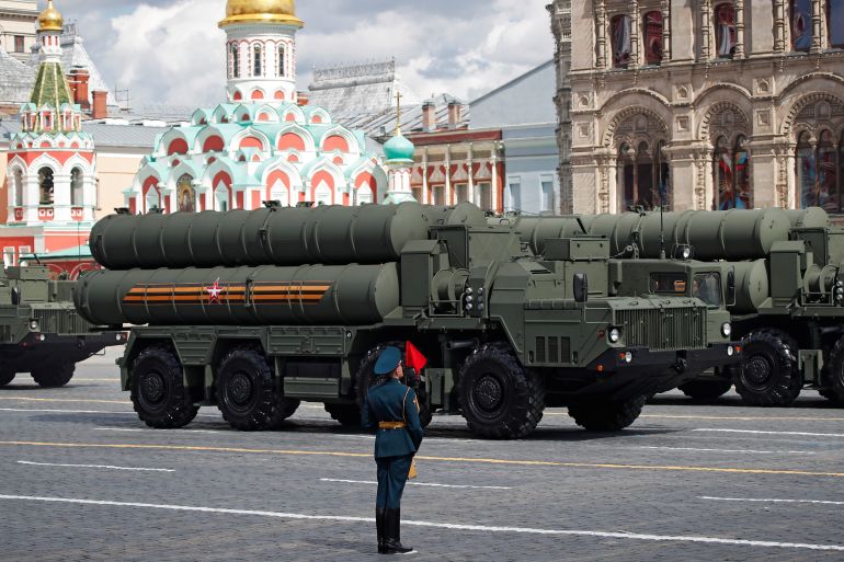Russian S-400 anti-aircraft missile systems drive during a rehearsal for the Victory Day military parade in Moscow
