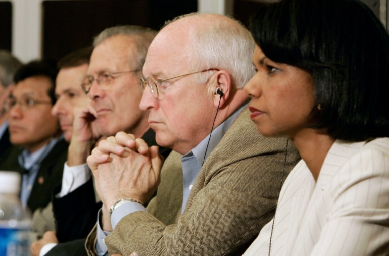 FILE PHOTO: U.S. Secretary of State Condoleezza Rice (R), Vice President Dick Cheney (2nd R), Defense Secretary Donald Rumsfeld (3rd R), Chairman of the Joint Chiefs of Staff, General Peter Pace (4th R) and Attorney-General Alberto Gonzales participate in a live video conference with U.S. President George W. Bush in Baghdad, from Camp David in Maryland, June 13, 2006. Bush made his second visit to Baghdad since the 2003 invasion on Tuesday, days after U.S. forces killed al Qaeda's chief in Iraq. Bush appeared live on a tv monitor speaking among members of Iraq's new cabinet. REUTERS/Jason Reed (UNITED STATES)/File Photo