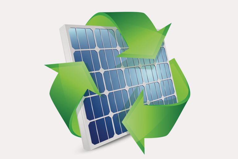 Solar panel with recycle symbol. Vector illustration shutterstock_101556574 كيف يمكن تحفيز إعادة تدوير الألواح الشمسية؟/ استخدام بمقابل
