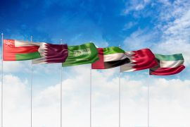 3D Illustration with the national flags of the six countries which are member states of the Cooperation Council for the Arab States of the Gulf also known as the Gulf Cooperation Council (GCC); Shutterstock ID 1391106647; purchase_order: ajnet; job: ; client: ; other:
