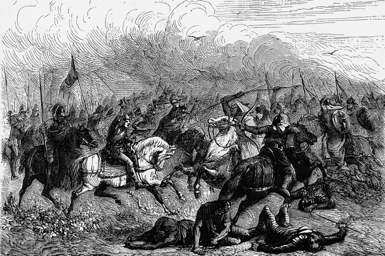 Charles Martel and Abderame at the Battle of Poitiers, Vintage engraving. From Popular France, 1869.; Shutterstock ID 1813567393; purchase_order: ALJAZEERA ; job: ; client: ; other: