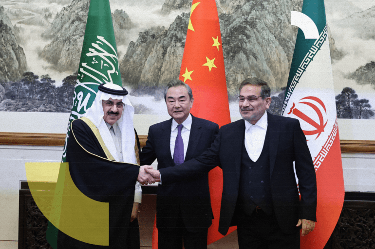 Wang Yi, a member of the Political Bureau of the Communist Party of China (CPC) Central Committee and director of the Office of the Central Foreign Affairs Commission, Ali Shamkhani, the secretary of Iran’s Supreme National Security Council, and Minister of State and national security adviser of Saudi Arabia Musaad bin Mohammed Al Aiban pose for pictures during a meeting in Beijing, China March 10, 2023. China Daily via REUTERS ATTENTION EDITORS - THIS IMAGE WAS PROVIDED BY A THIRD PARTY. CHINA OUT.