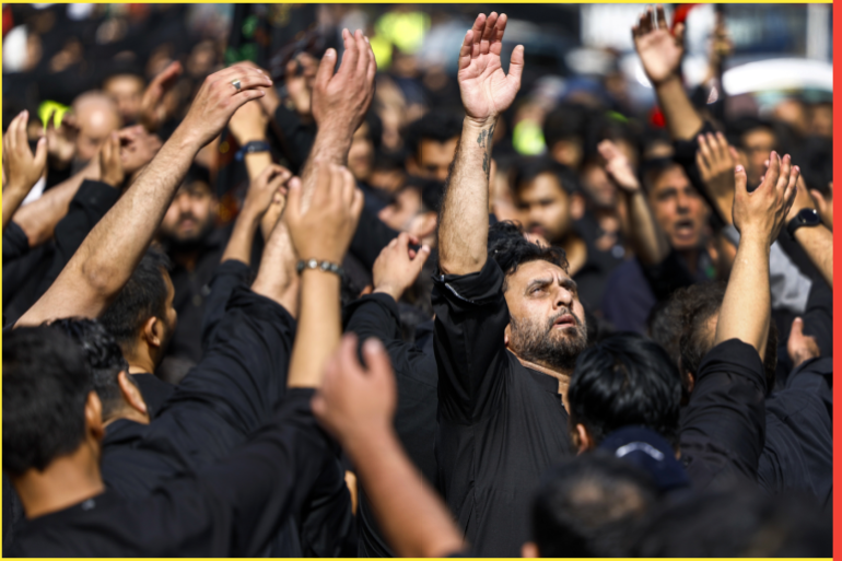 GLASGOW, SCOTLAND - AUGUST 09: Muslim men chant during the Ashura festival procession through Glasgow on August 09, 2022 in Glasgow, Scotland. Ashura is a day of atonement for Shiite Muslims and commemorates the death of Husayn ibn Ali, a grandson of the prophet Muhammad. The procession was organised by the Shia Asna Ashri Islamic Centre of Glasgow. (Photo by Jeff J Mitchell/Getty Images)