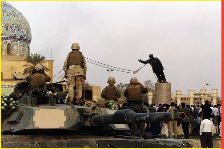 BAGHDAD, IRAQ - APRIL 9: (FILE PHOTO) U.S marines and Iraqis are seen on April 9, 2003 as the statue of Iraqi dictator Saddam Hussein is toppled at al-Fardous square in Baghdad, Iraq. The third year anniversary since the overthrow of Saddam Hussein will be marked on April 9, 2006 amidst continued unrest in Iraq, where over 30, 000 civilians have been reported to be killed since the start of the war. (Photo by Wathiq Khuzaie /Getty Images)