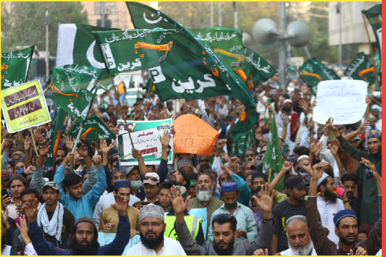 Protest against the rising inflation in Pakistan- - KARACHI, PAKISTAN - MARCH 03: The workers of Tehreek-e-Labaik Pakistan are protesting against the rising inflation and poor strategy in Pakistan, there are thousands of people in Karachi, Pakistan on March 03, 2023.